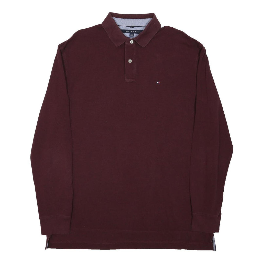 TOMMY HILFIGER Mens Maroon Long Sleeve Polo Shirt XL Cotton Blend Classic