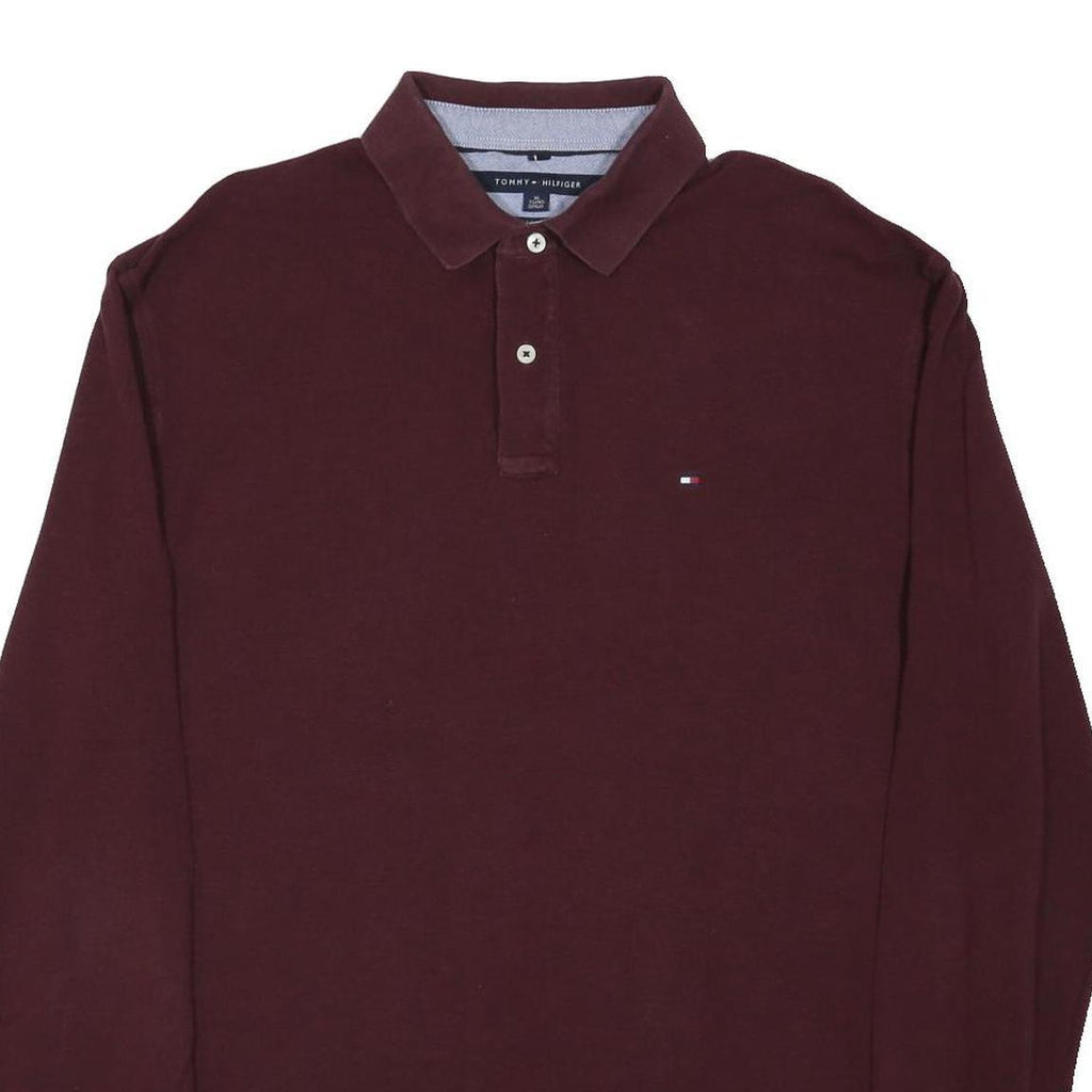 TOMMY HILFIGER Mens Maroon Long Sleeve Polo Shirt XL Cotton Blend Classic