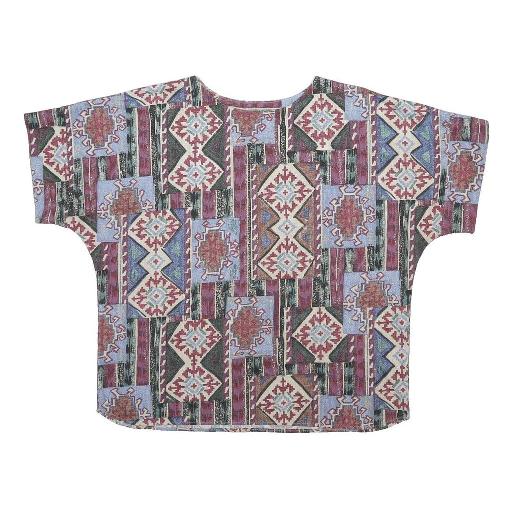 Womens White Blue Red Geometric Woven Oversized Short Sleeve Round Neck Top XL