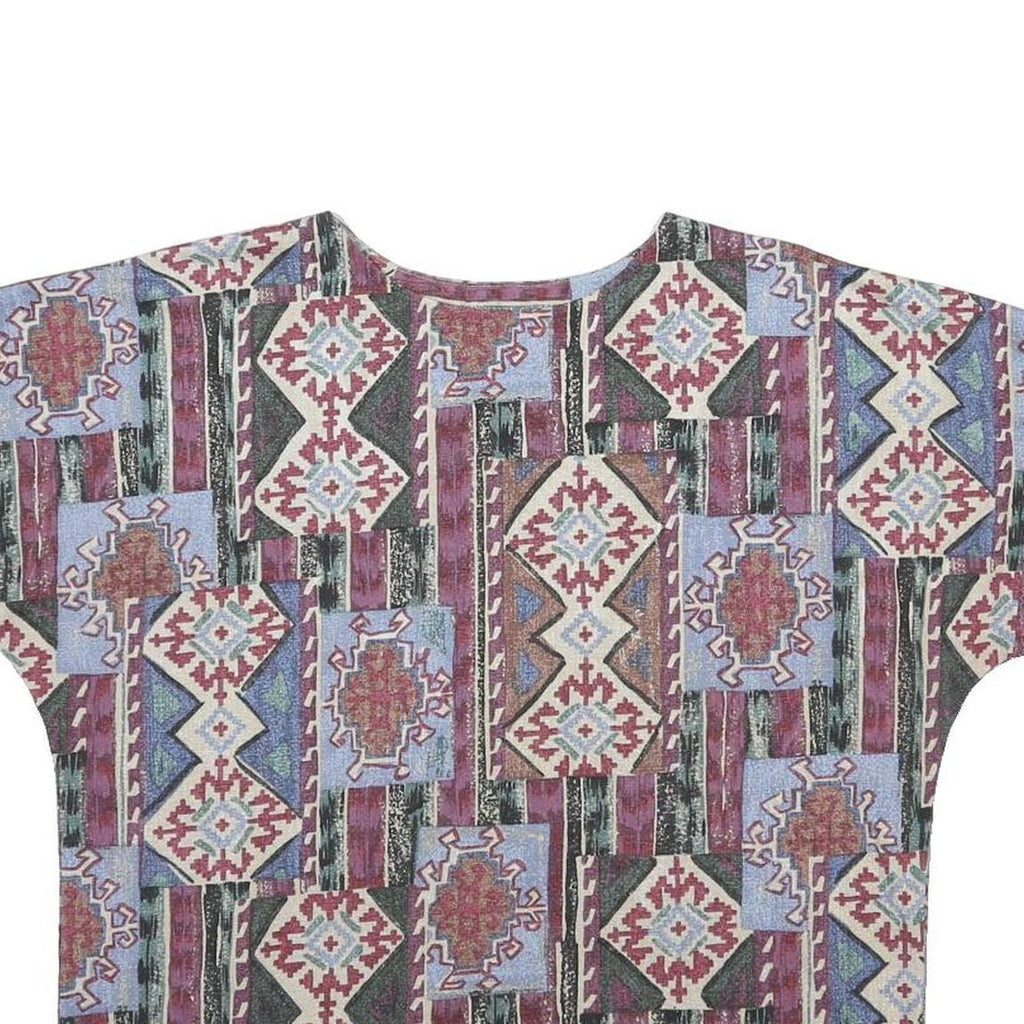 Womens White Blue Red Geometric Woven Oversized Short Sleeve Round Neck Top XL