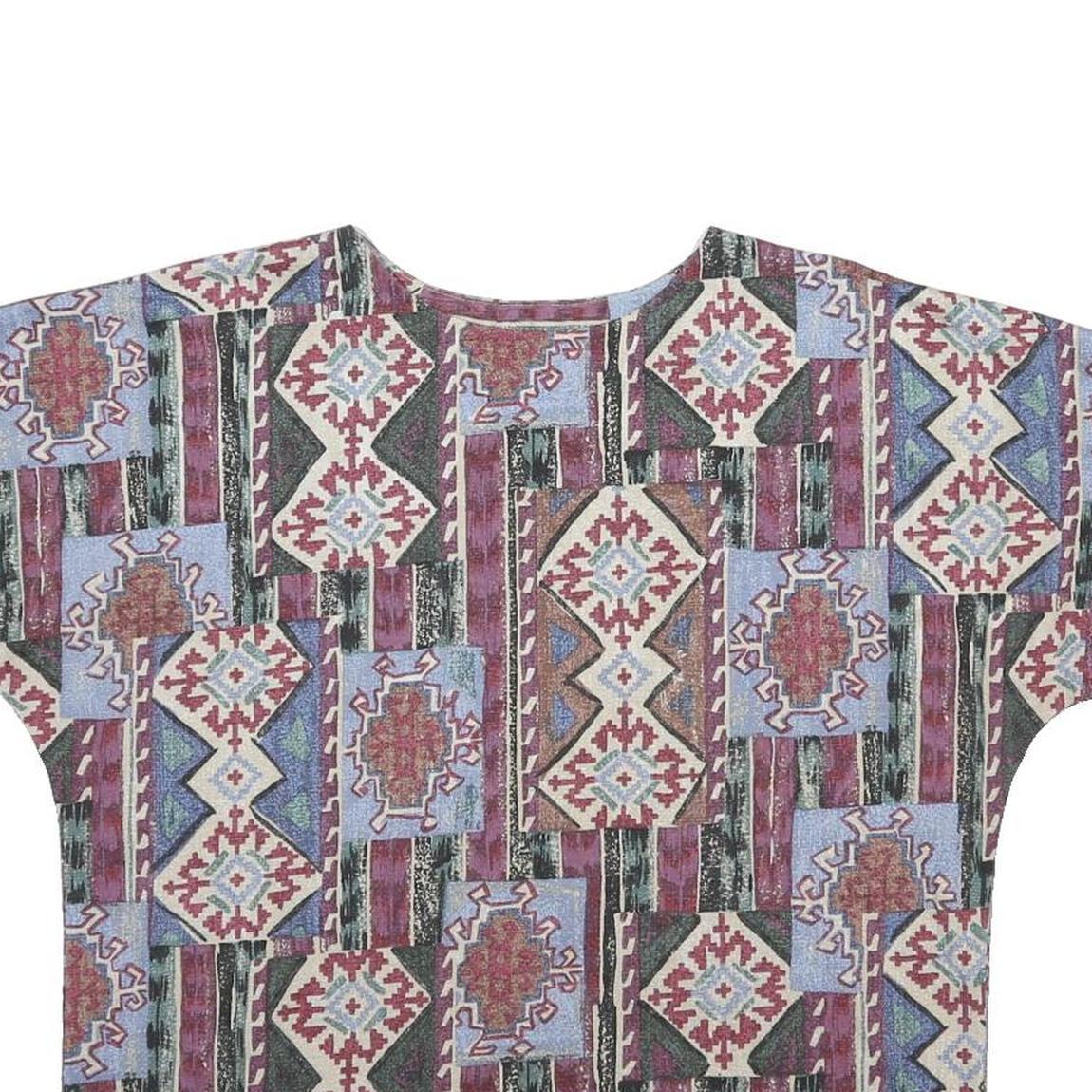 Womens White Blue Red Geometric Woven Oversized Short Sleeve Round Neck Top XL