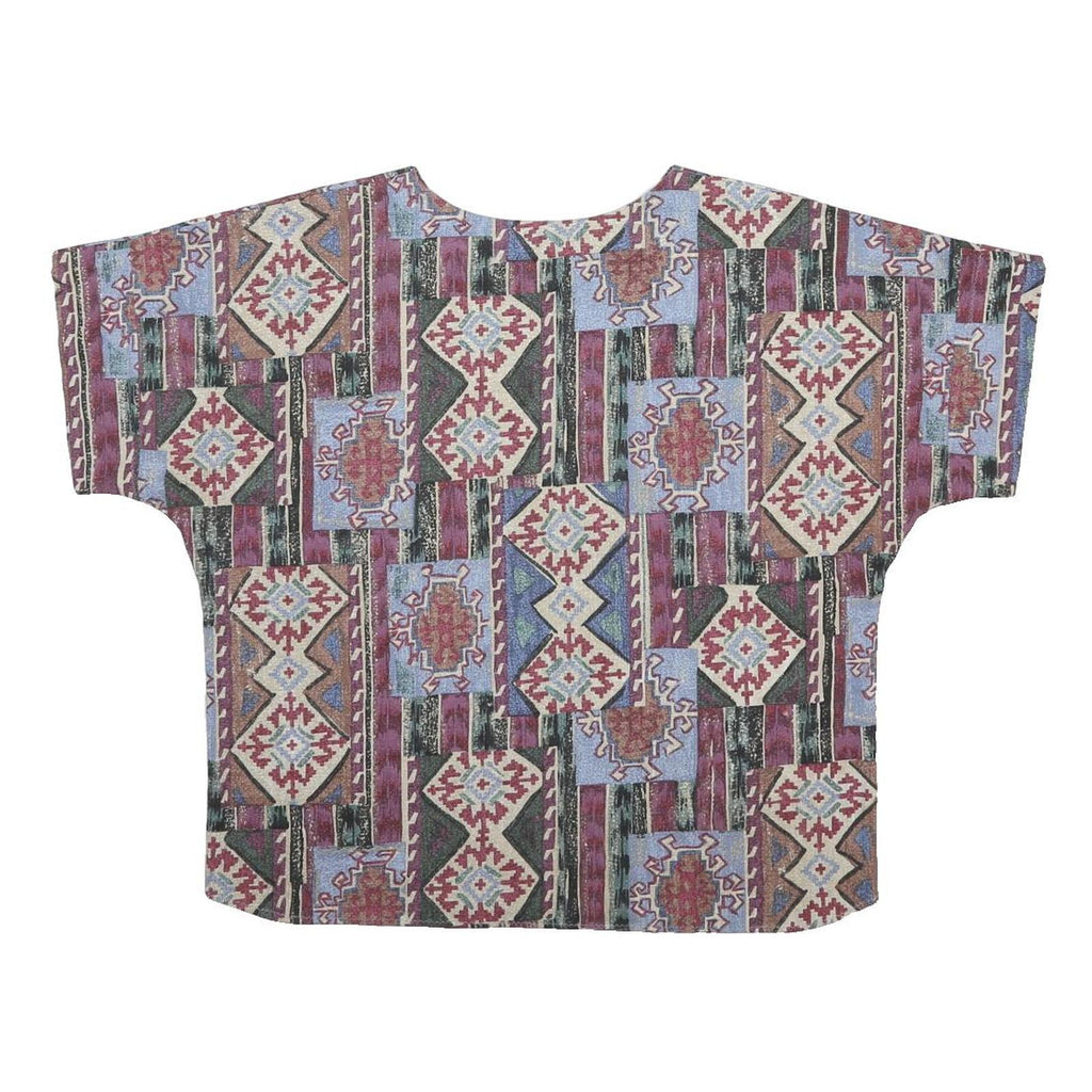 Womens White Blue Red Geometric Woven Oversized Short Sleeve Round Neck Top XL