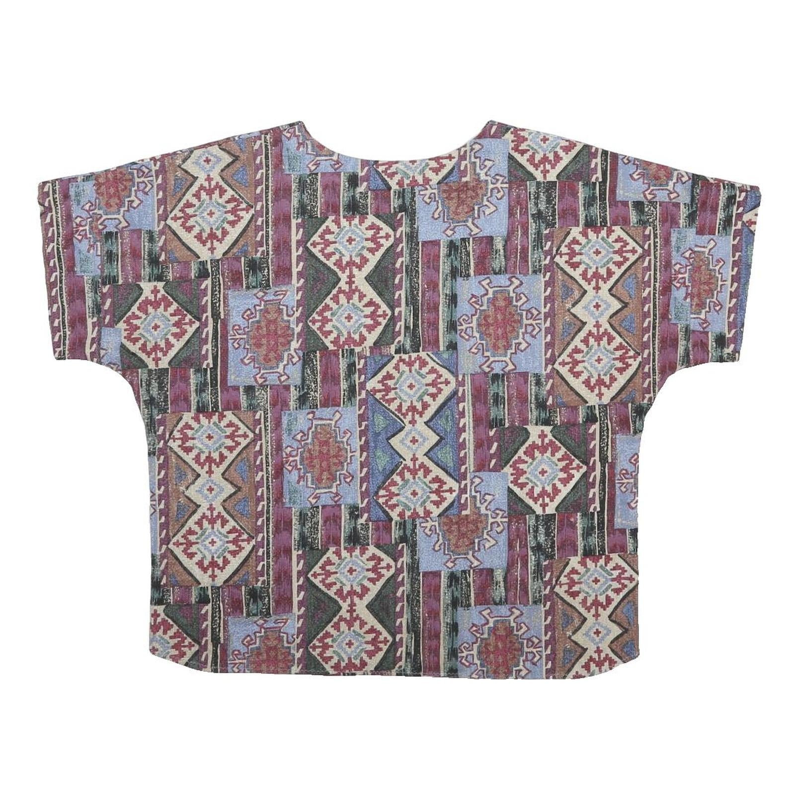 Womens White Blue Red Geometric Woven Oversized Short Sleeve Round Neck Top XL