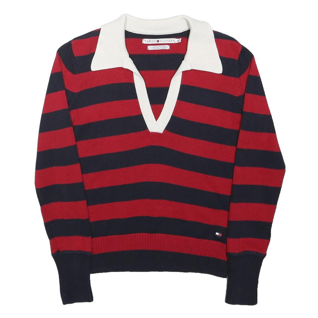 TOMMY HILFIGER Womens Red & Navy Striped Classic Jumper V-Neck Rib Knit S Cotton
