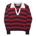 TOMMY HILFIGER Womens Red & Navy Striped Classic Jumper V-Neck Rib Knit S Cotton