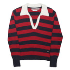 TOMMY HILFIGER Womens Red & Navy Striped Classic Jumper V-Neck Rib Knit S Cotton