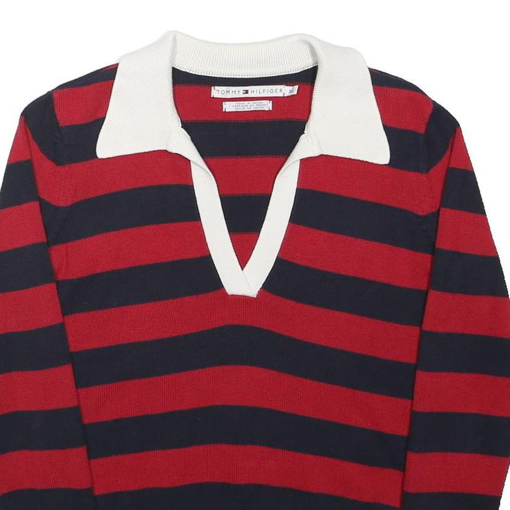 TOMMY HILFIGER Womens Red & Navy Striped Classic Jumper V-Neck Rib Knit S Cotton
