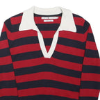 TOMMY HILFIGER Womens Red & Navy Striped Classic Jumper V-Neck Rib Knit S Cotton