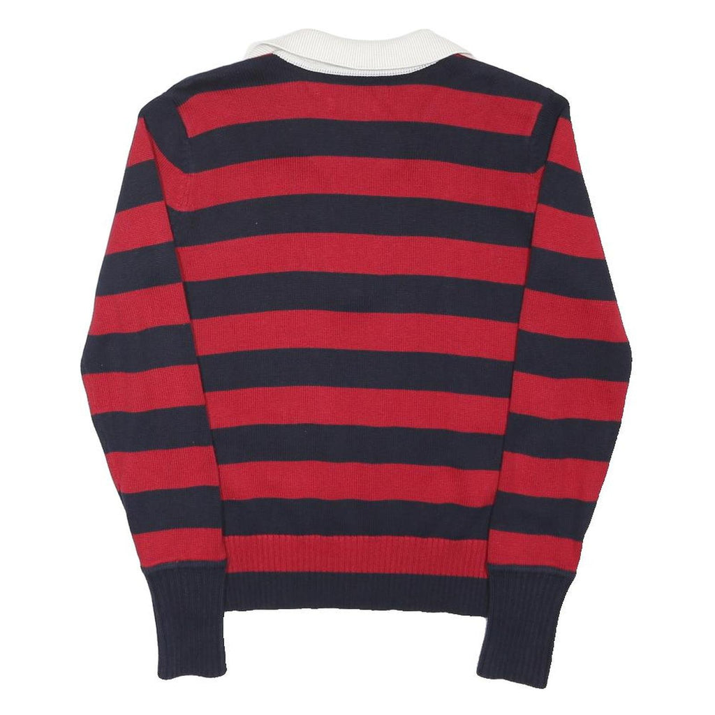 TOMMY HILFIGER Womens Red & Navy Striped Classic Jumper V-Neck Rib Knit S Cotton