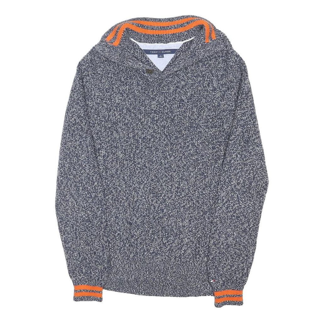 TOMMY HILFIGER Mens Blue & White Patterned Pullover Jumper Crew Neck Chunky Knit