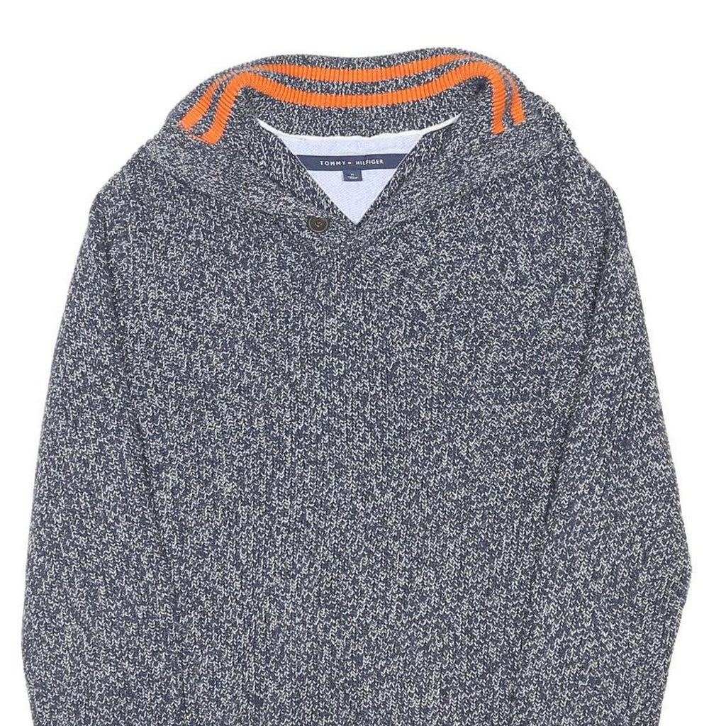 TOMMY HILFIGER Mens Blue & White Patterned Pullover Jumper Crew Neck Chunky Knit