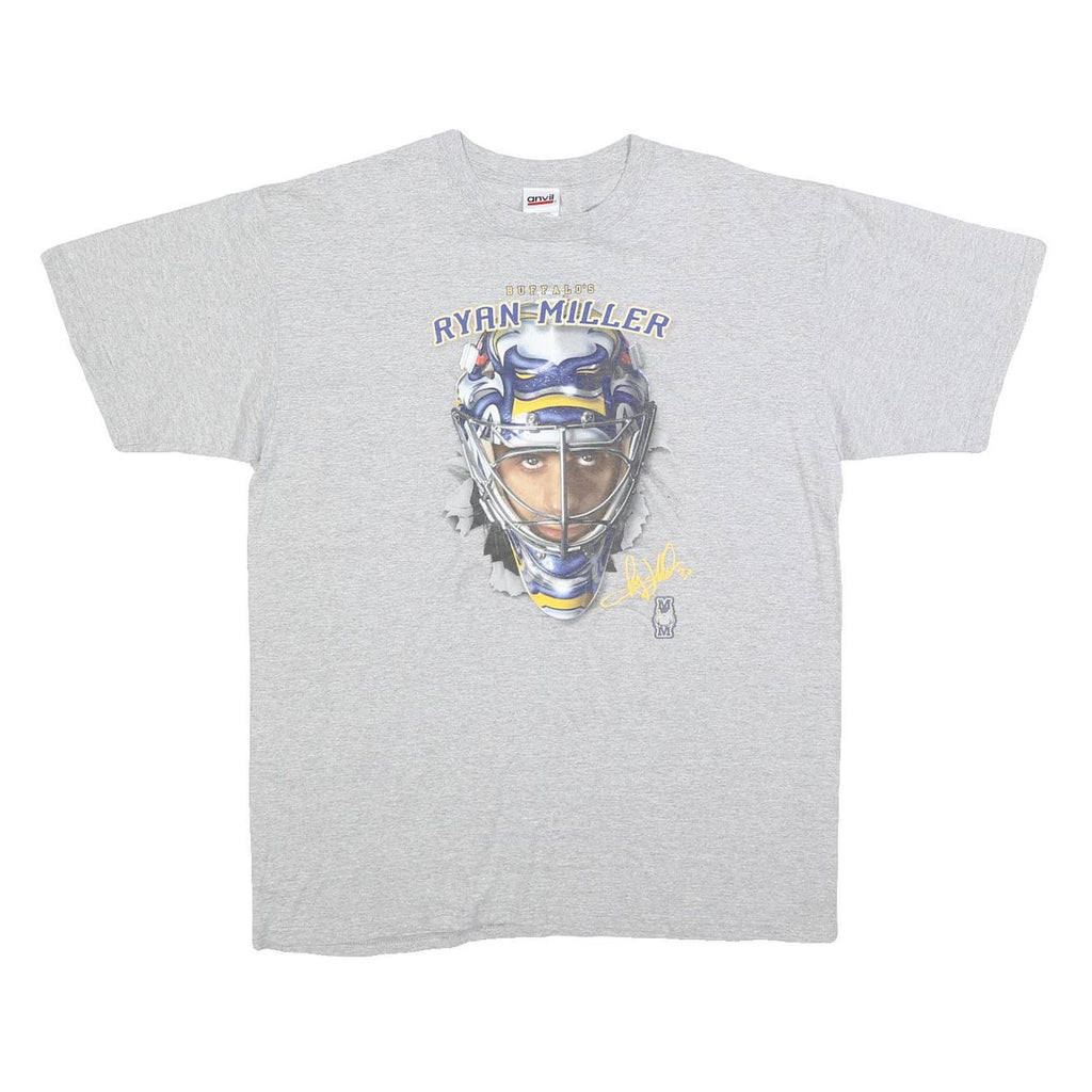 ANVIL Mens Grey Ryan Miller Graphic T-Shirt L Short Sleeve Crew Neck Hockey