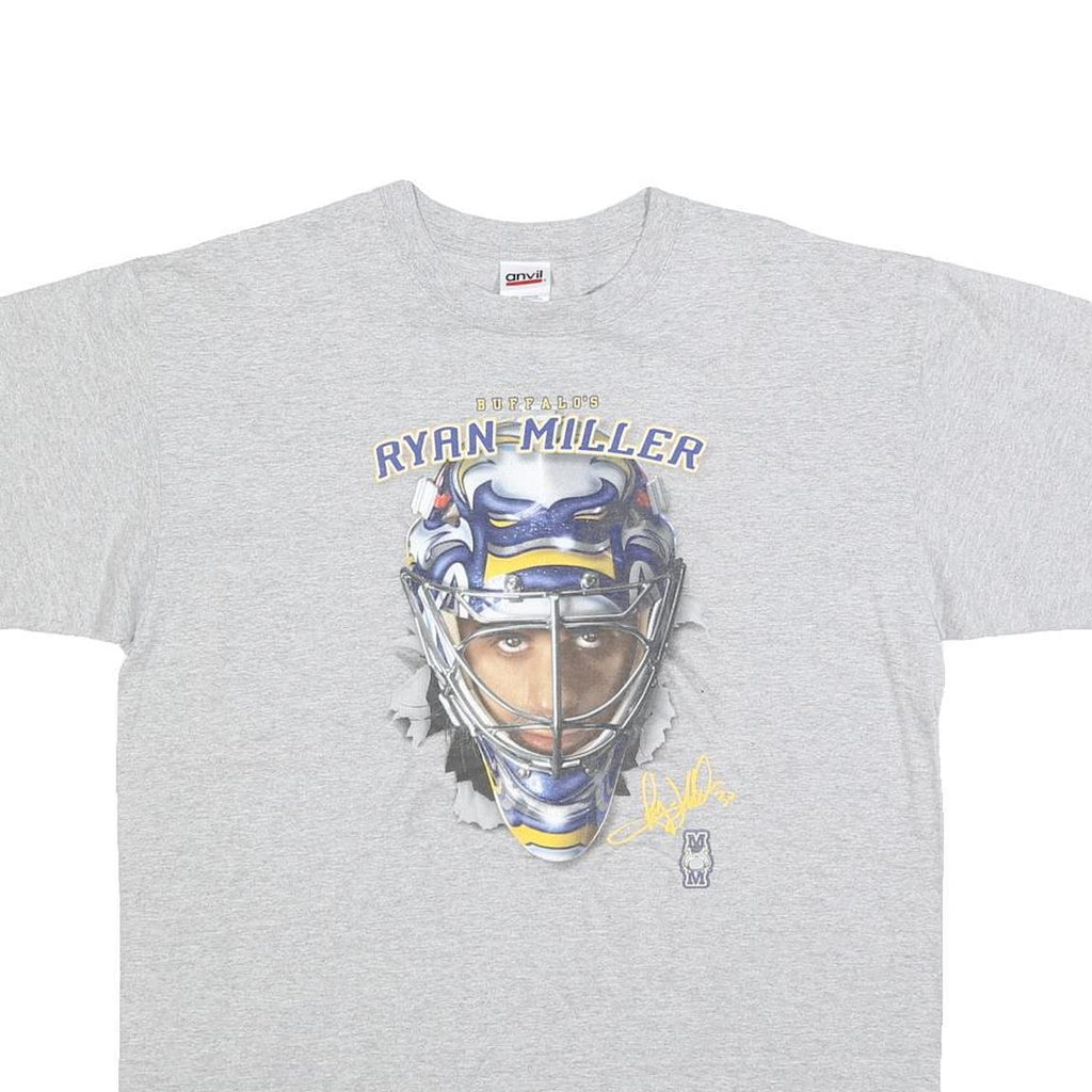 ANVIL Mens Grey Ryan Miller Graphic T-Shirt L Short Sleeve Crew Neck Hockey