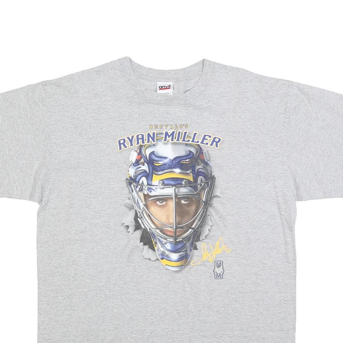 ANVIL Mens Grey Ryan Miller Graphic T-Shirt L Short Sleeve Crew Neck Hockey