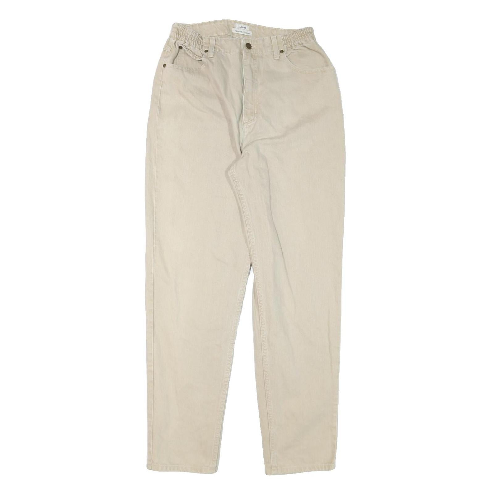LL BEAN Womens Jeans Beige Relaxed Straight Denim Raw W26 L31 Elastic Waistband