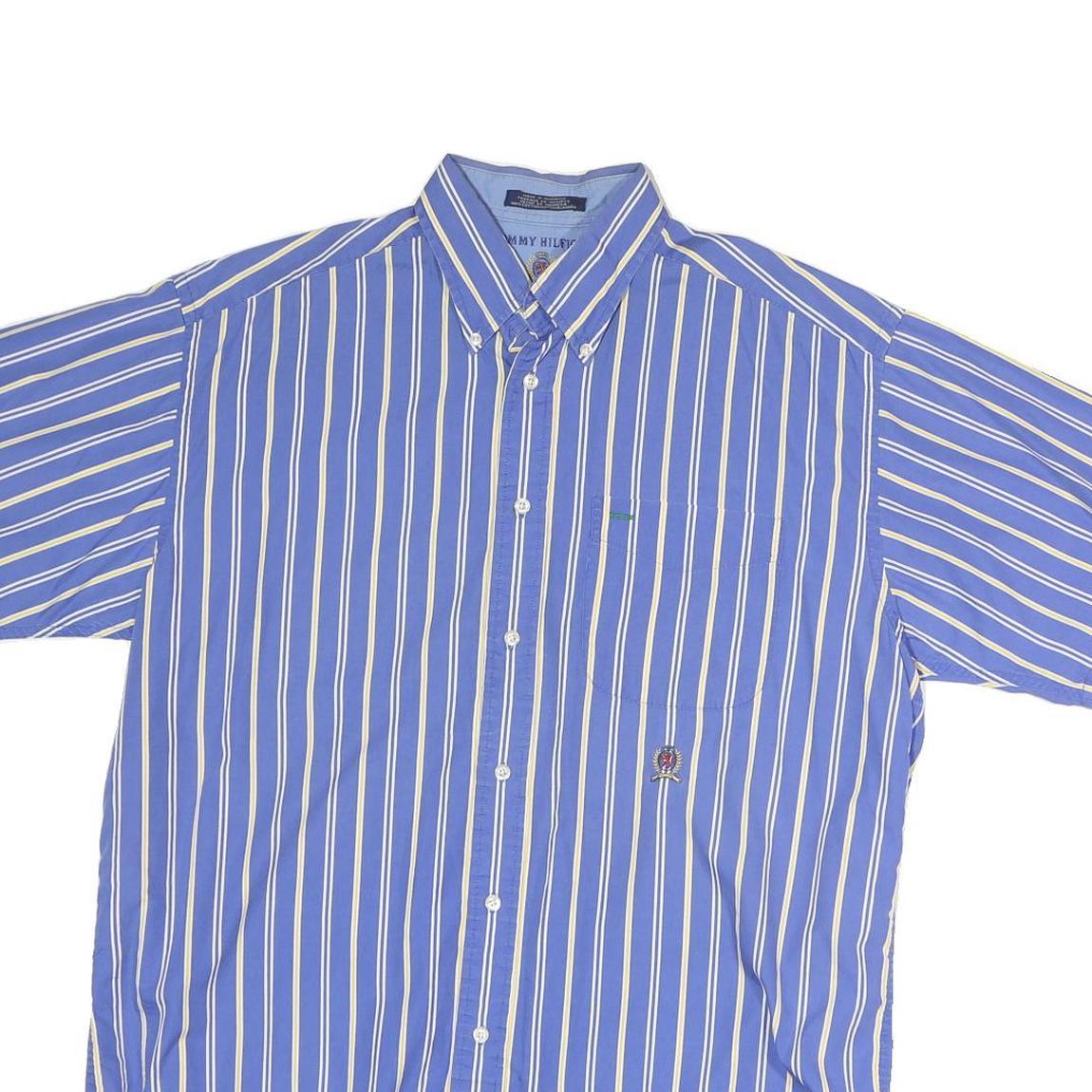 TOMMY HILFIGER Mens Blue & White Striped Shirt M Buttoned Collar Casual Cotton