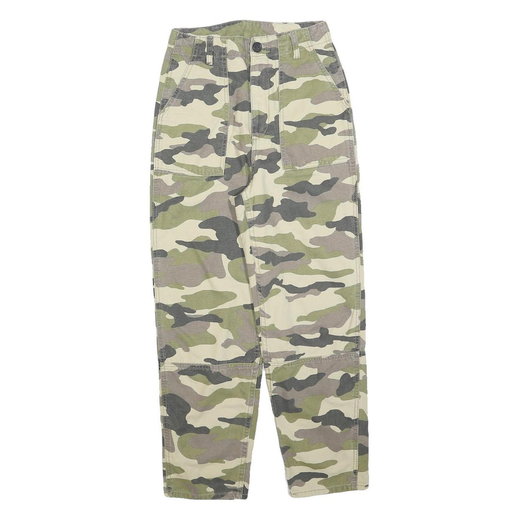 H&M Womens Cotton Blend Green & Beige Camouflage Regular Fit Straight Trousers
