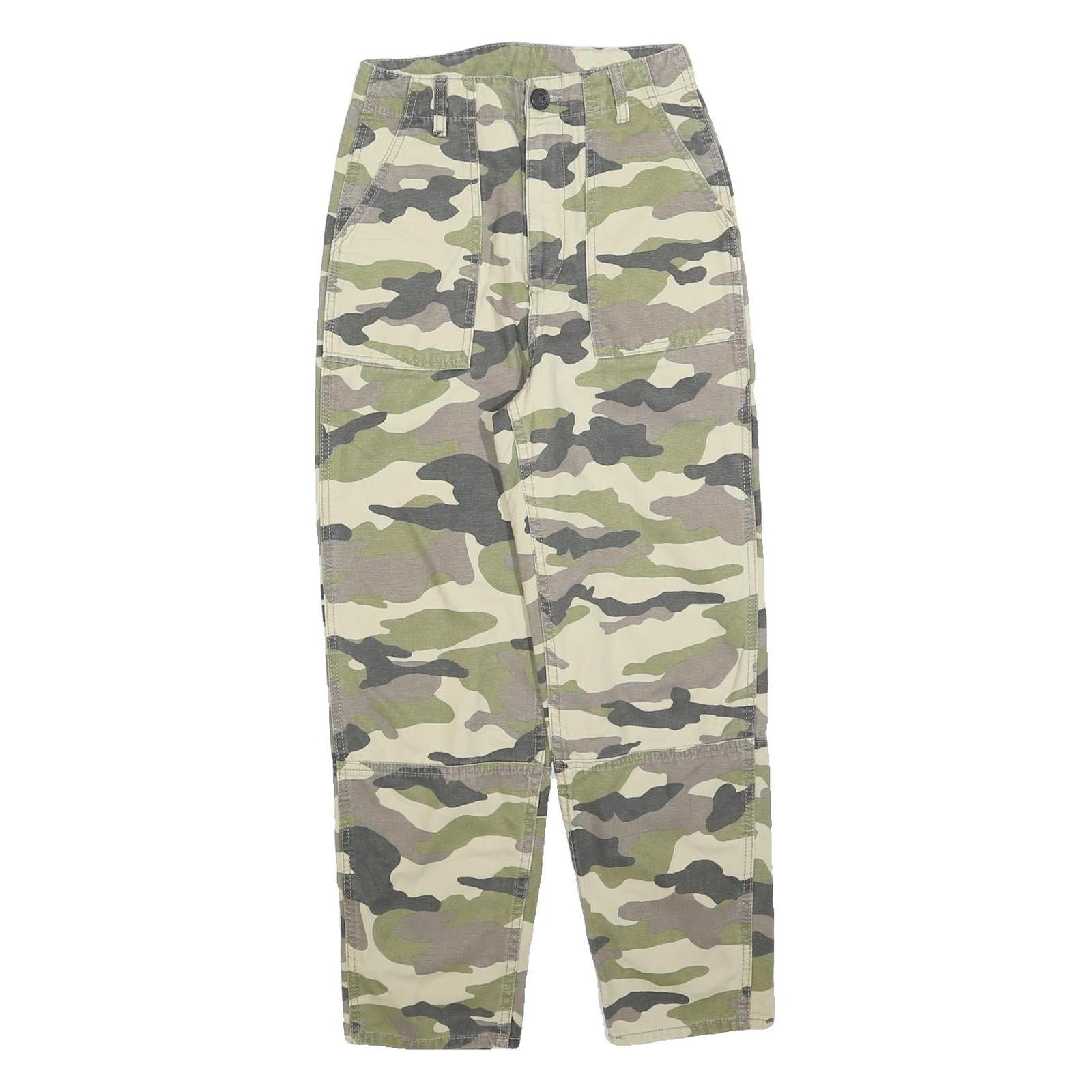 H&M Womens Cotton Blend Green & Beige Camouflage Regular Fit Straight Trousers