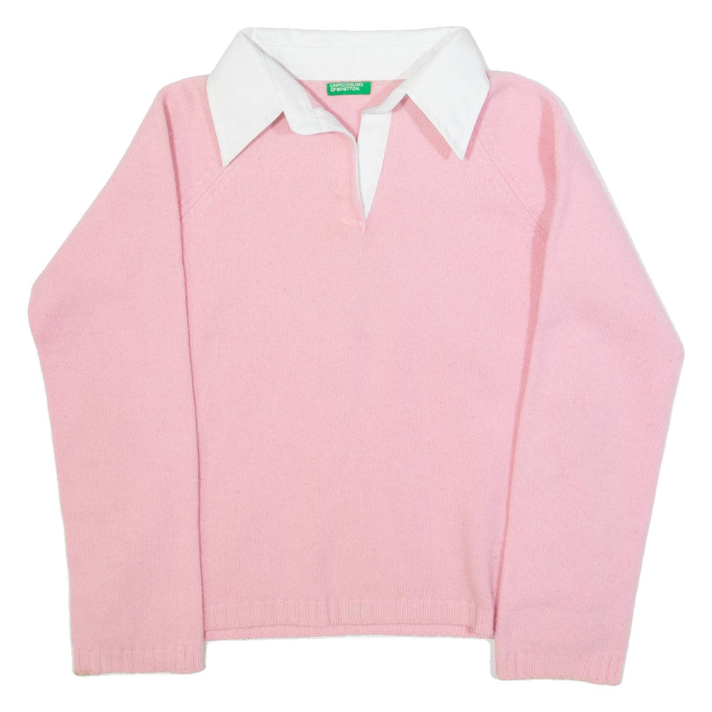 BENETTON Womens Jumper Pink Collared Tight Knit Wool M