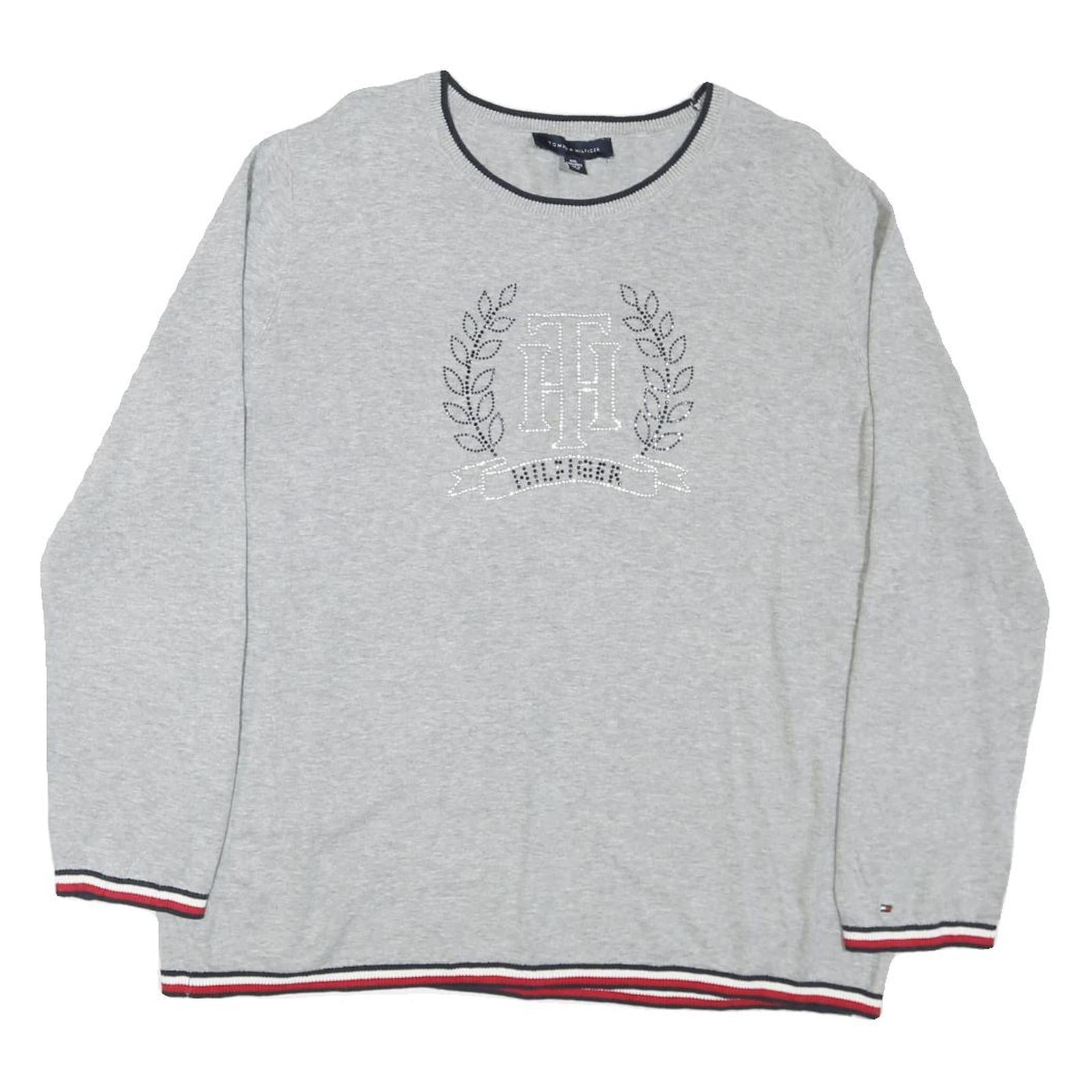 TOMMY HILFIGER Womens Grey Logo Pattern Crew Neck Basic Knit 2XL Cotton Blend
