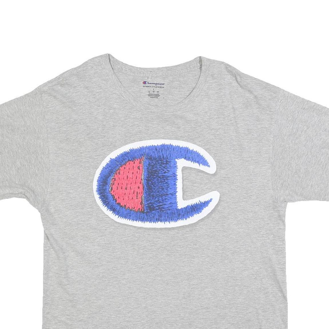 CHAMPION Mens Grey Graphic T-Shirt L Short Sleeve Crew Neck Casual Cotton Blend
