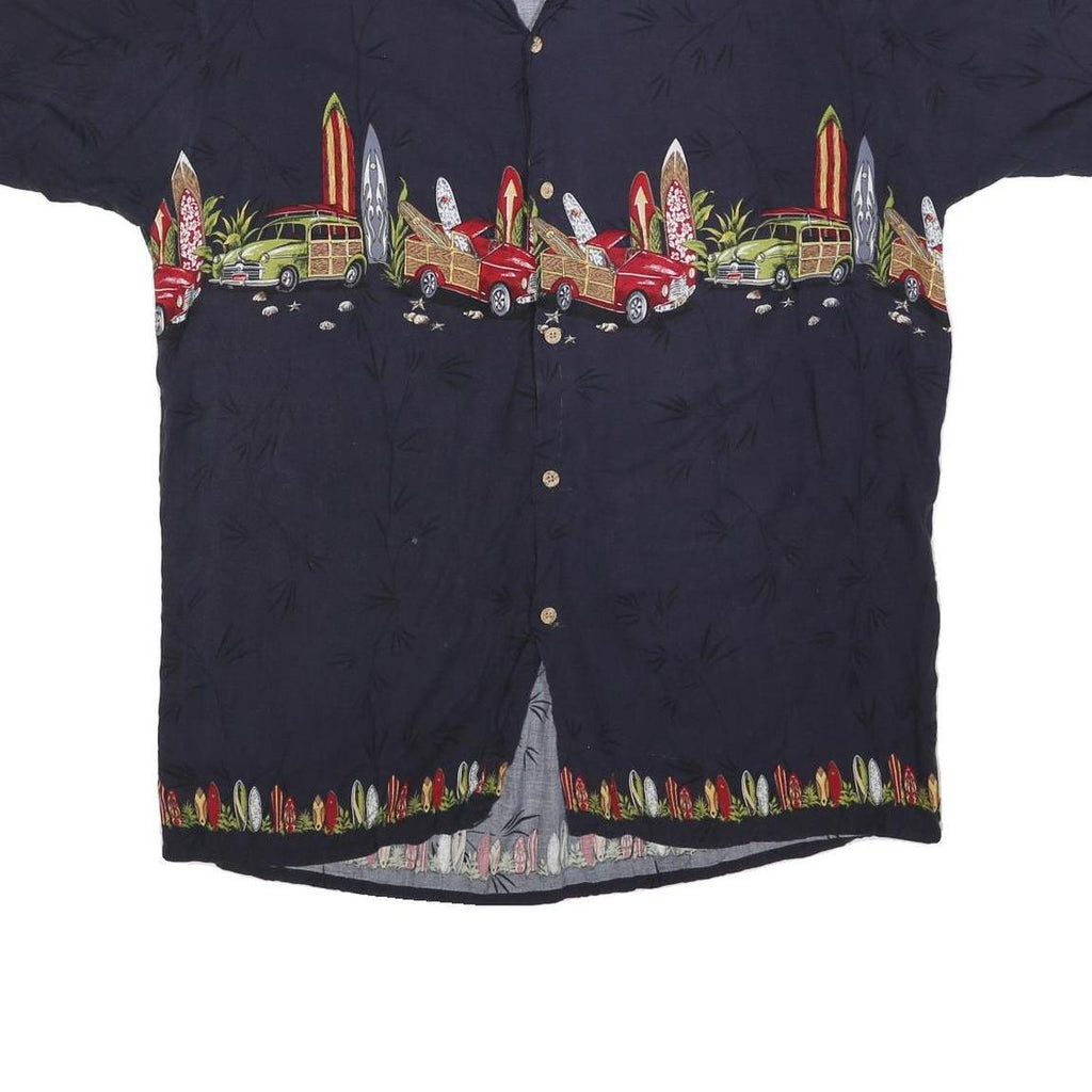 ISLAND COLLECTION Mens Navy Blue Rayon Hawaiian Shirt XL Vintage Surf Cars