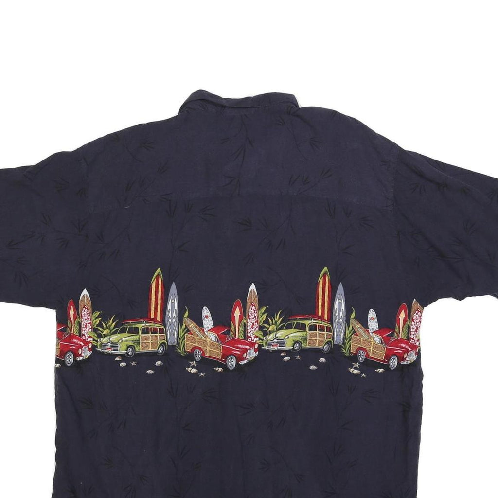 ISLAND COLLECTION Mens Navy Blue Rayon Hawaiian Shirt XL Vintage Surf Cars