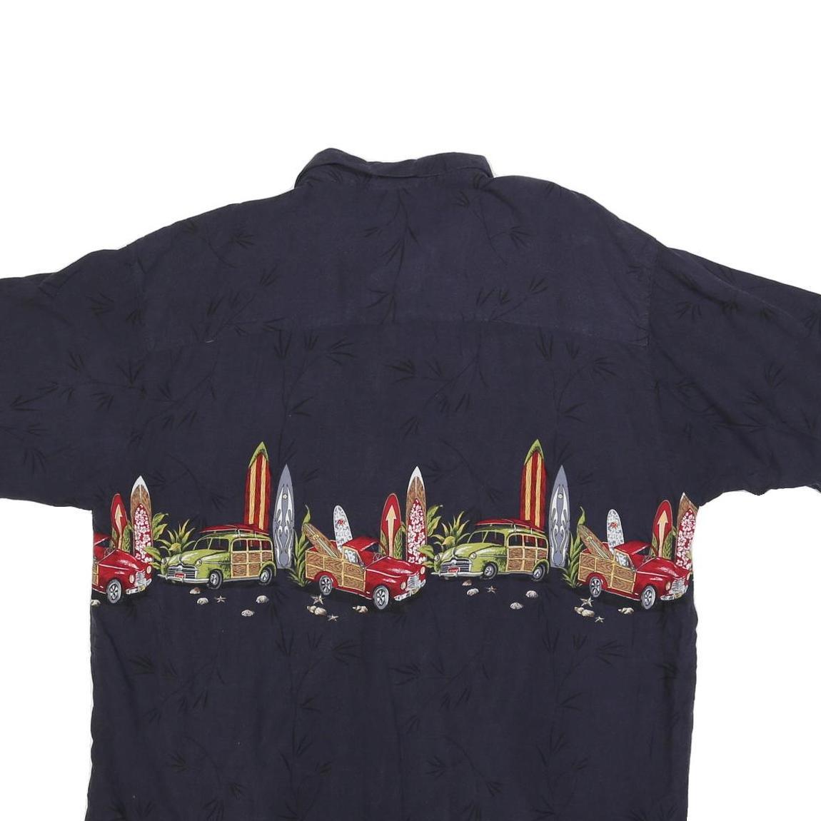 ISLAND COLLECTION Mens Navy Blue Rayon Hawaiian Shirt XL Vintage Surf Cars