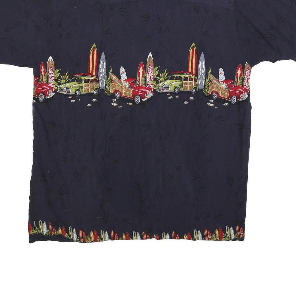 ISLAND COLLECTION Mens Navy Blue Rayon Hawaiian Shirt XL Vintage Surf Cars