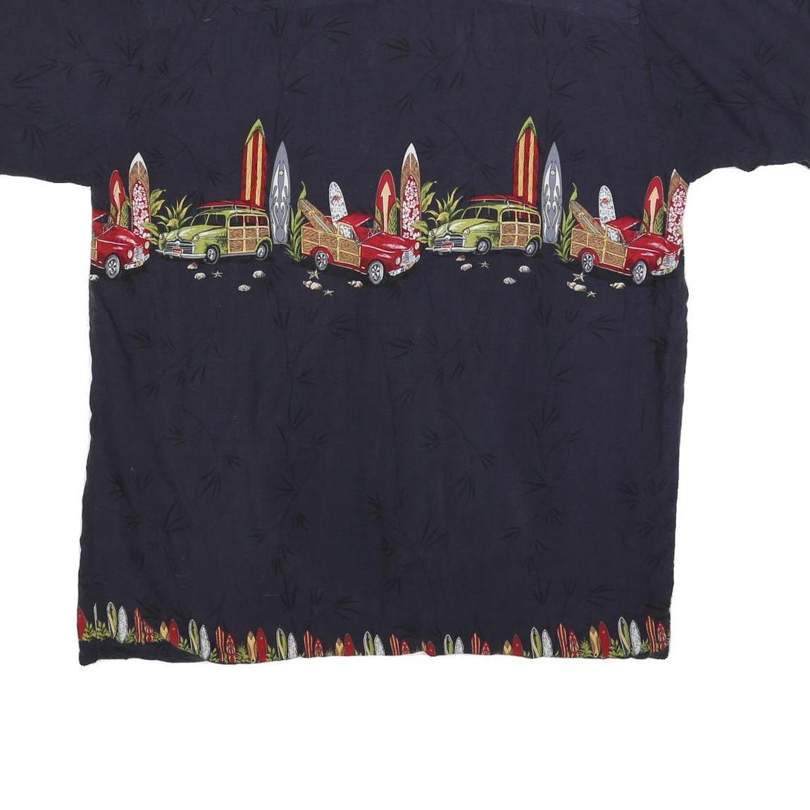 ISLAND COLLECTION Mens Navy Blue Rayon Hawaiian Shirt XL Vintage Surf Cars