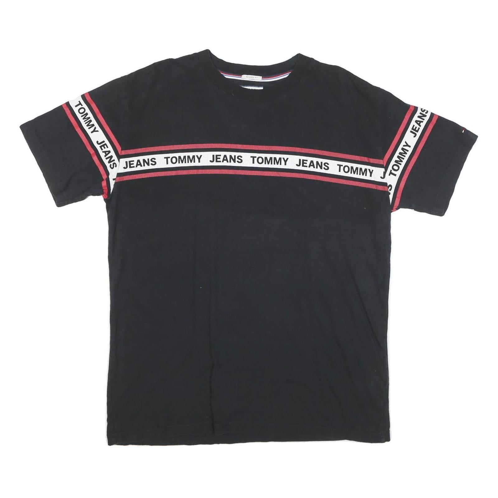TOMMY HILFIGER Mens Black & Red Graphic T-Shirt L Short Sleeve Crew Neck Branded