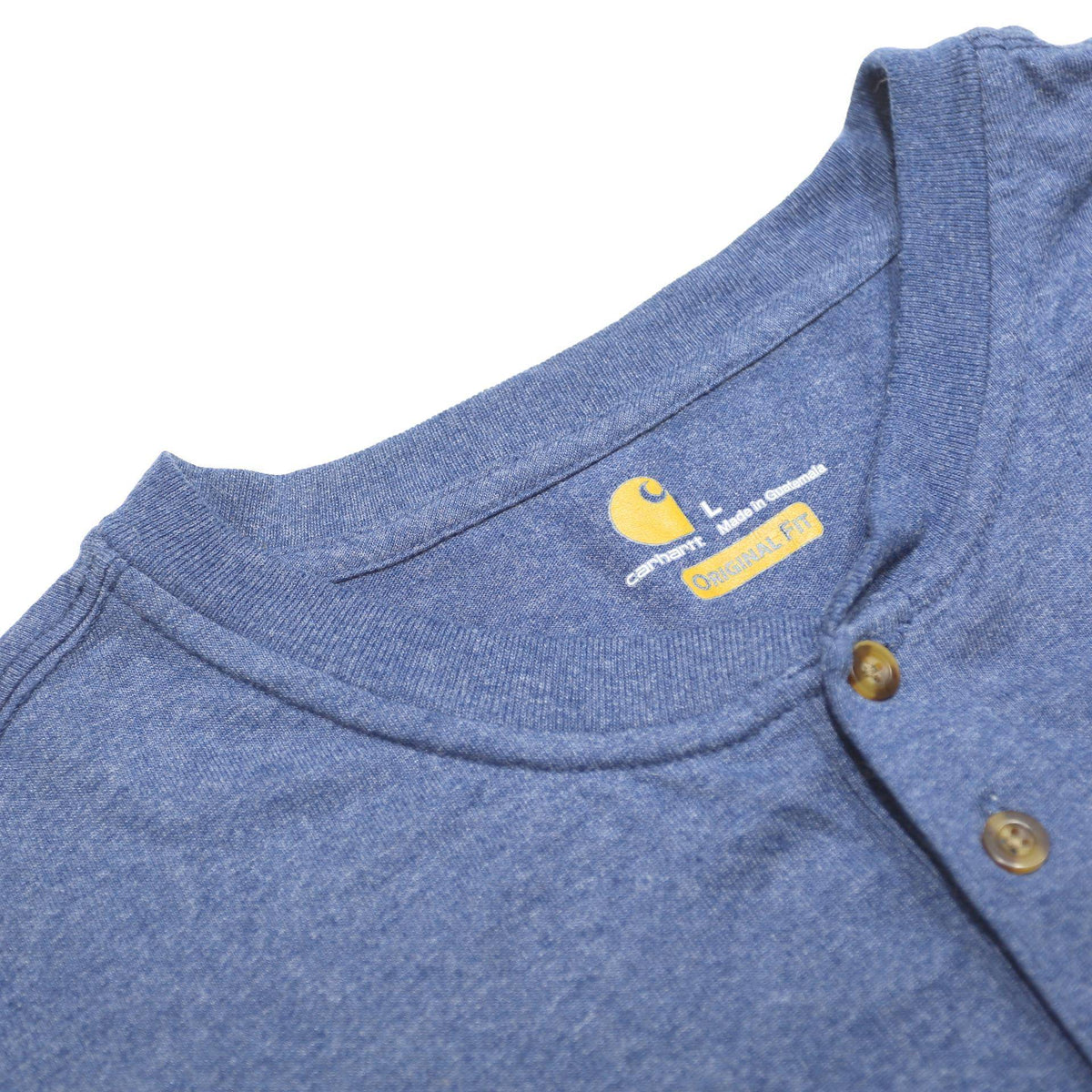 CARHARTT Mens Blue Henley T-Shirt L Short Sleeve Round Neck Pocket Cotton Blend