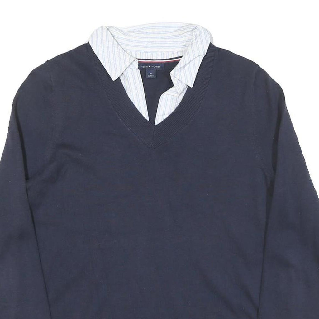 TOMMY HILFIGER Womens Navy Plain Jumper V-Neck Basic Knit M Cotton Blend