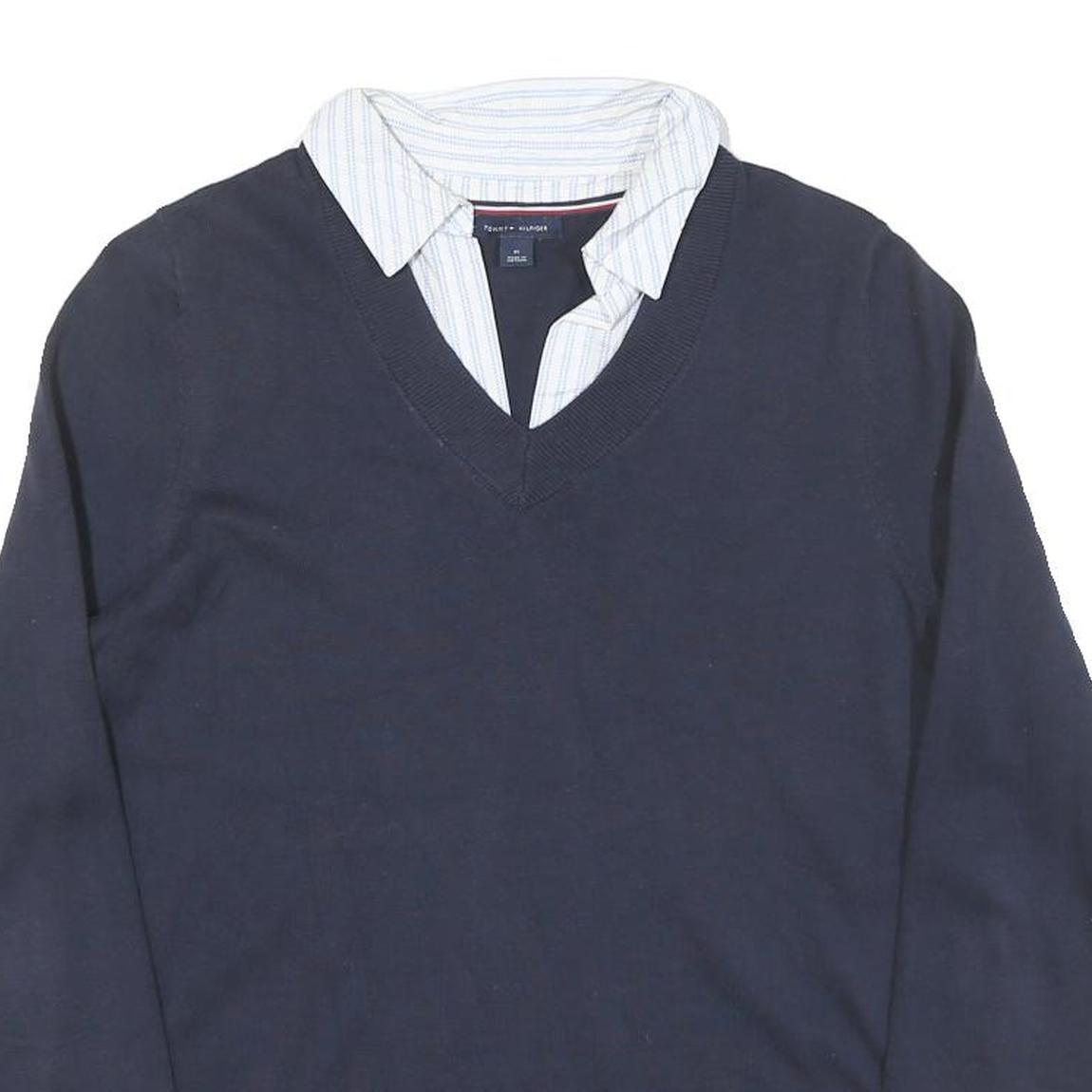 TOMMY HILFIGER Womens Navy Plain Jumper V-Neck Basic Knit M Cotton Blend