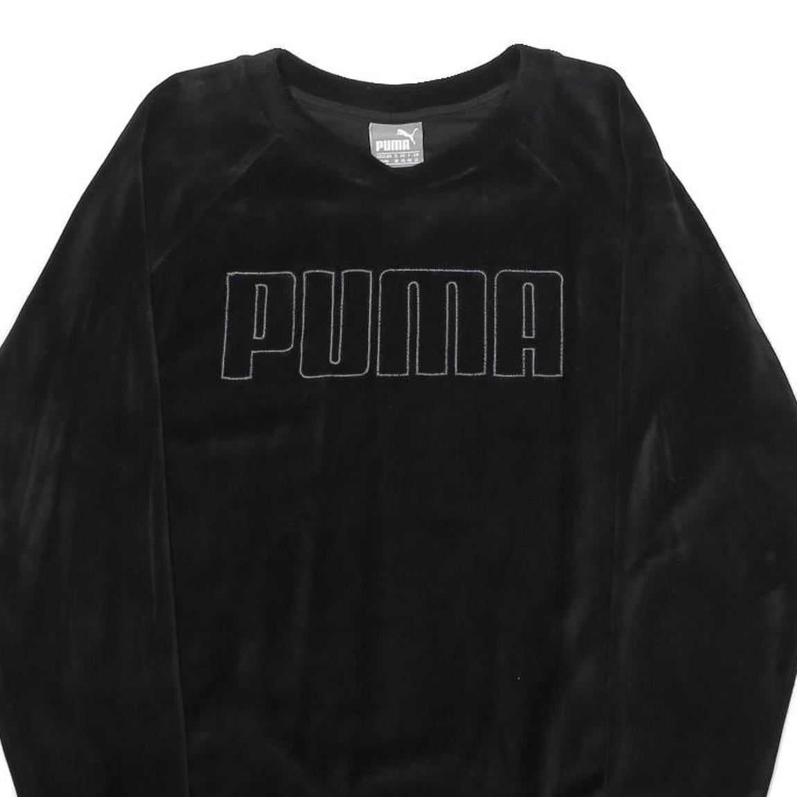PUMA Womens Black Velvet Crew Neck UK 12 Sweatshirt Pullover Logo Embroidered