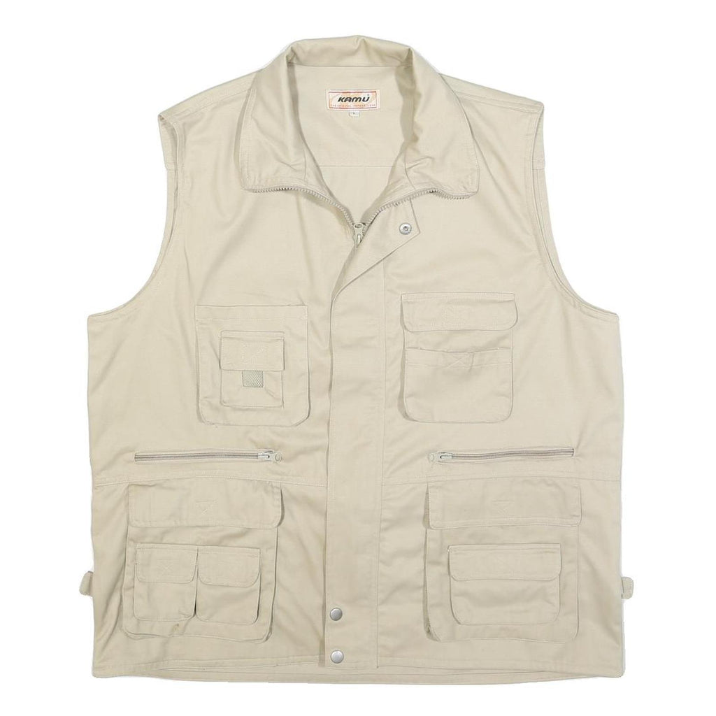 KAMU Mens Beige Cotton Blend Utility Jacket L Zip Vest Pocketed