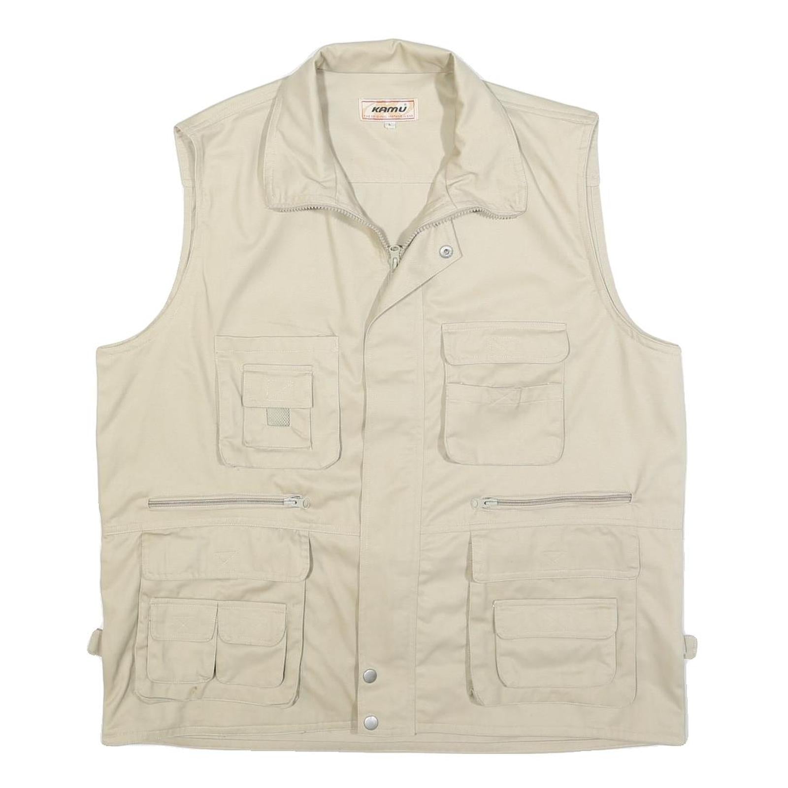 KAMU Mens Beige Cotton Blend Utility Jacket L Zip Vest Pocketed