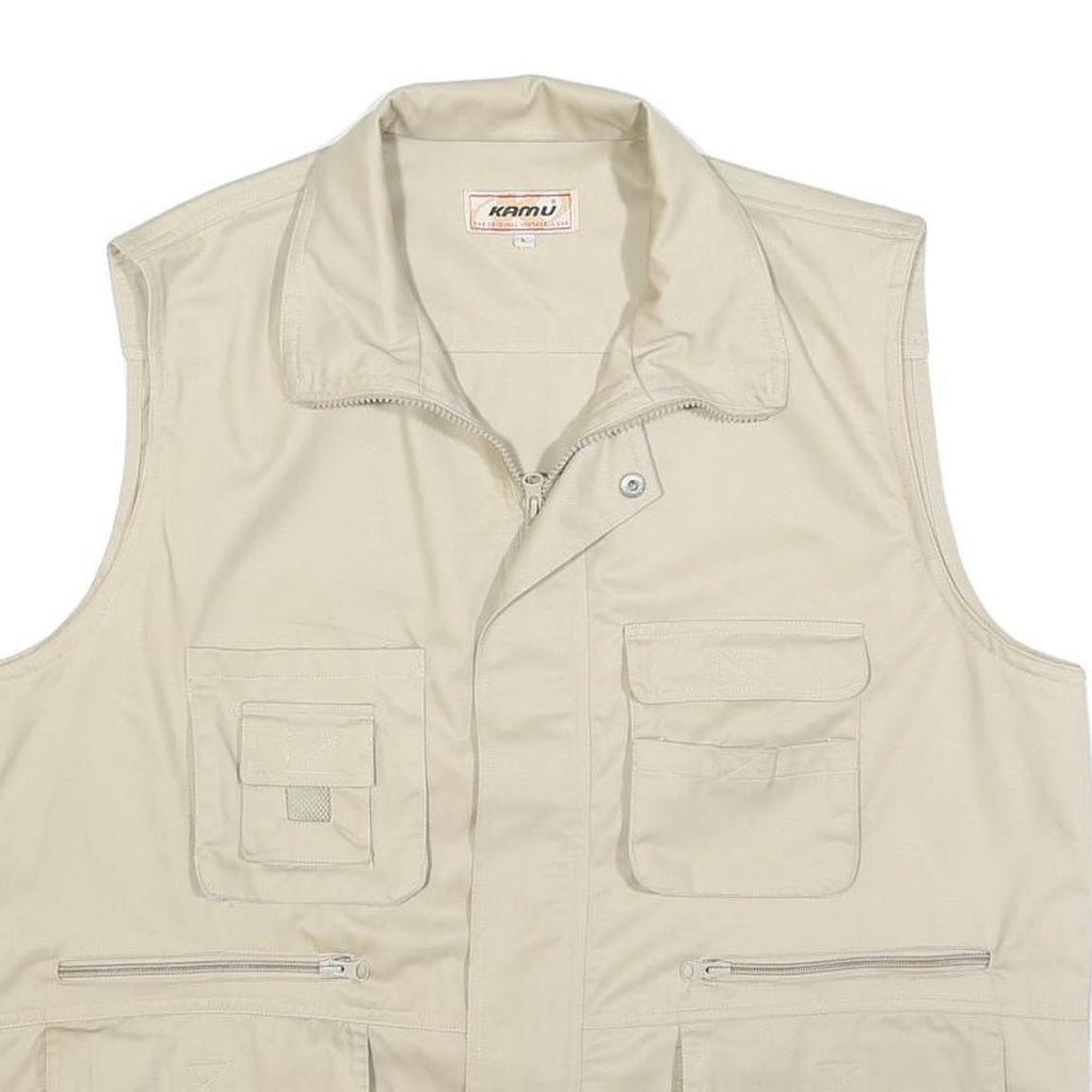 KAMU Mens Beige Cotton Blend Utility Jacket L Zip Vest Pocketed