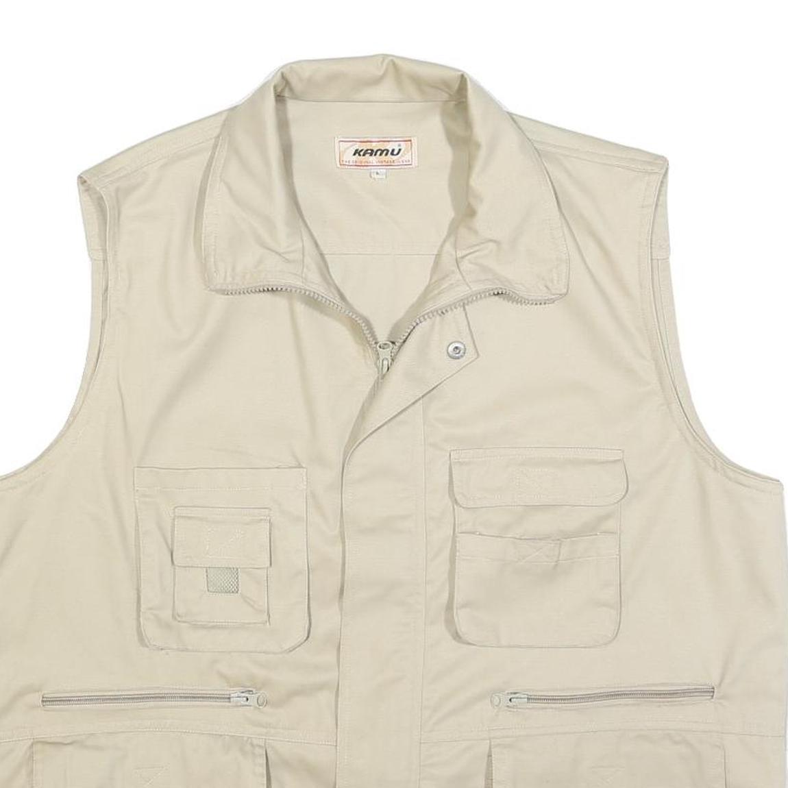KAMU Mens Beige Cotton Blend Utility Jacket L Zip Vest Pocketed