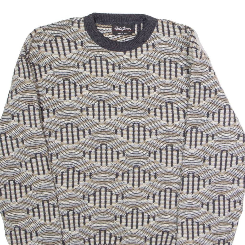REED ST JAMES Mens Patterned Jumper Grey Diamond Crew Neck 90s M