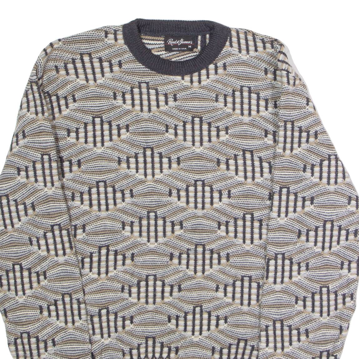 REED ST JAMES Mens Patterned Jumper Grey Diamond Crew Neck 90s M