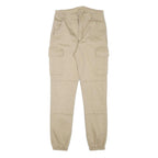 Mens Beige Cotton Blend Slim Cargo Trousers W26 L27 Zip Closure Elastic Hem