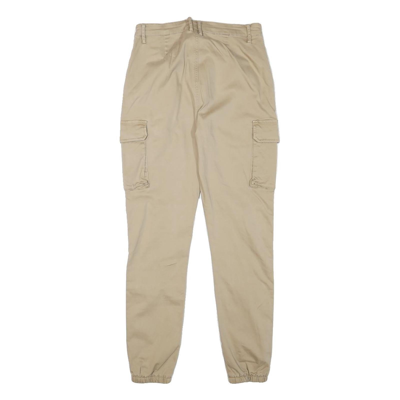 Mens Beige Cotton Blend Slim Cargo Trousers W26 L27 Zip Closure Elastic Hem