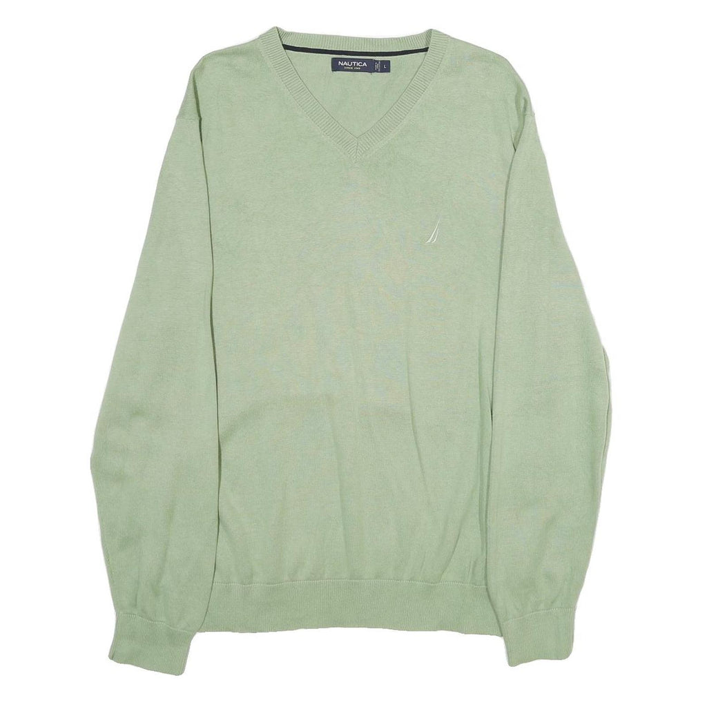 NAUTICA Mens Green Jumper Plain V-Neck Basic Knit L Lightweight Cotton Casual