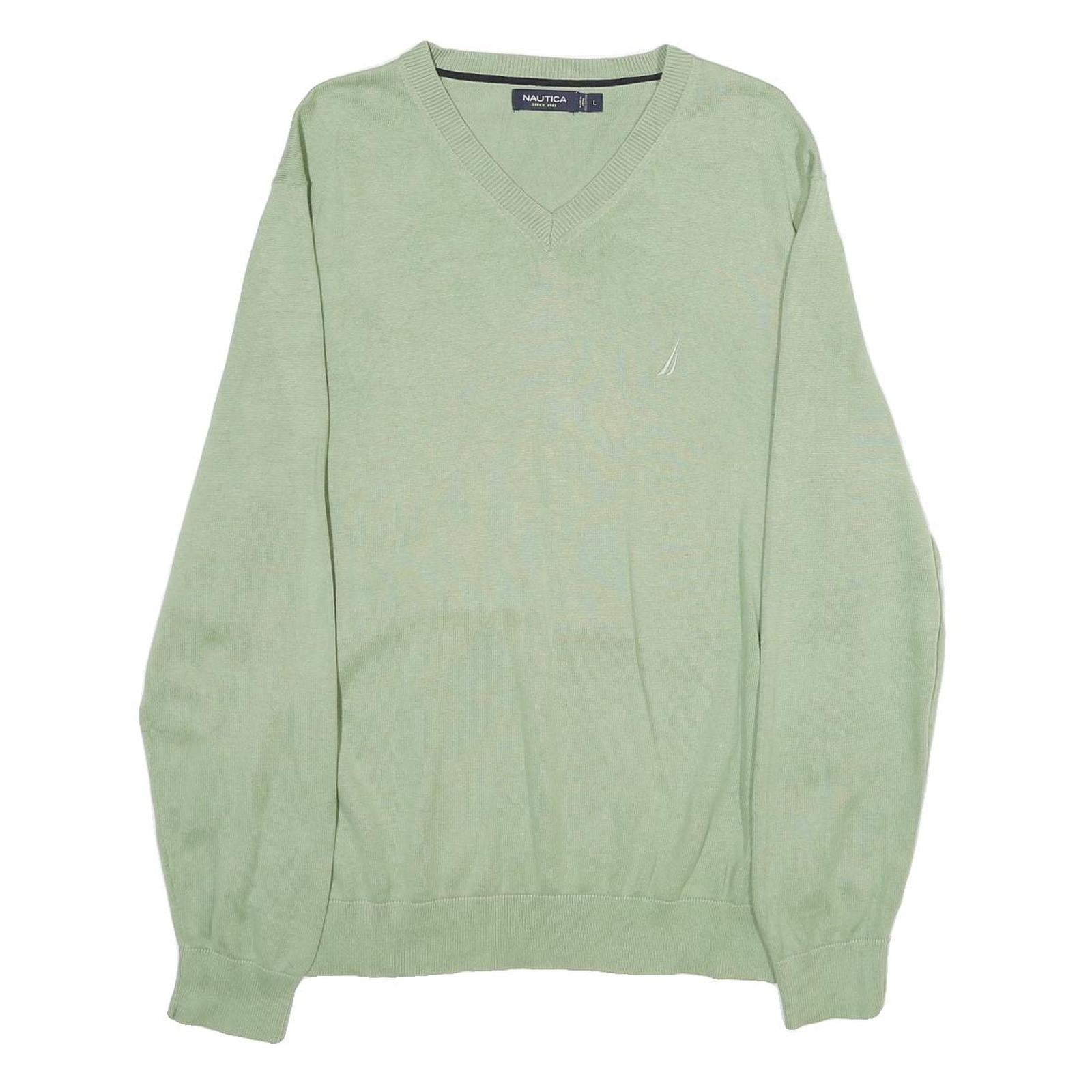 NAUTICA Mens Green Jumper Plain V-Neck Basic Knit L Lightweight Cotton Casual