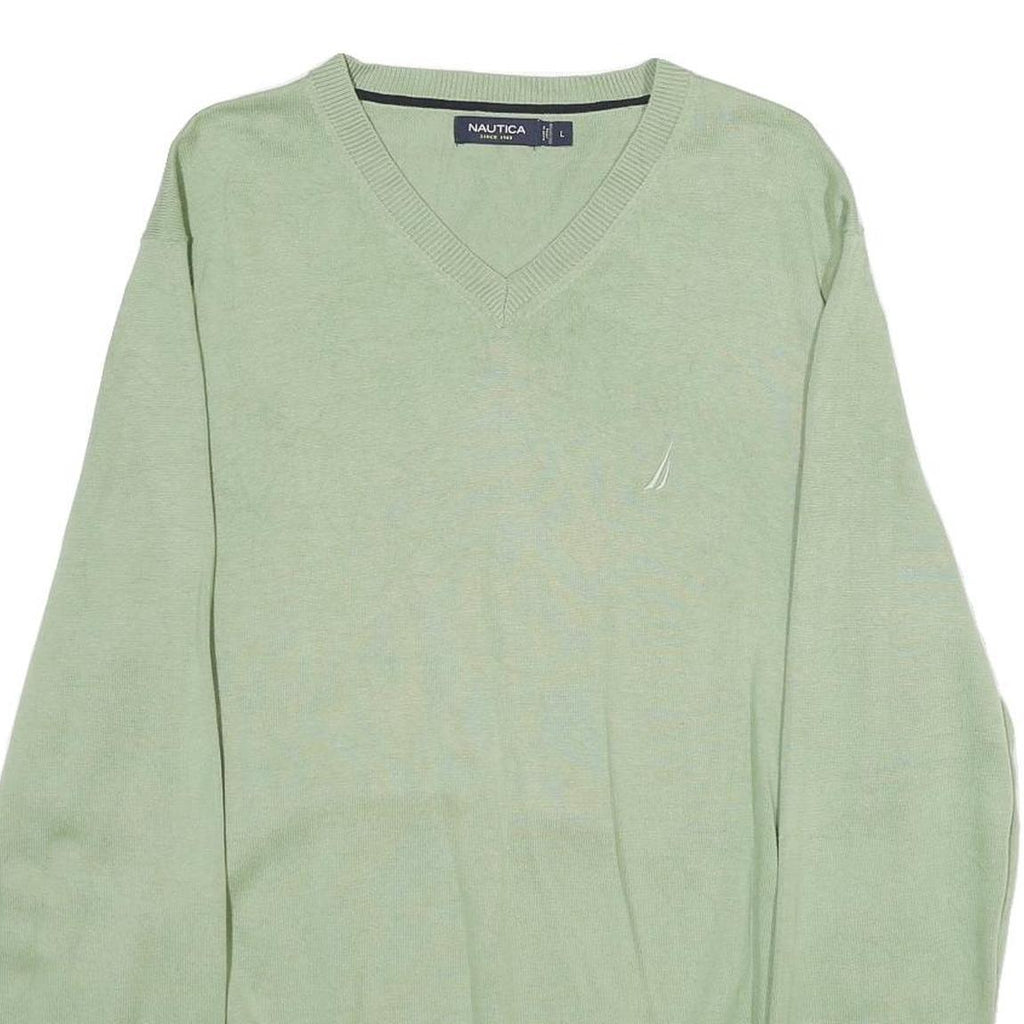 NAUTICA Mens Green Jumper Plain V-Neck Basic Knit L Lightweight Cotton Casual