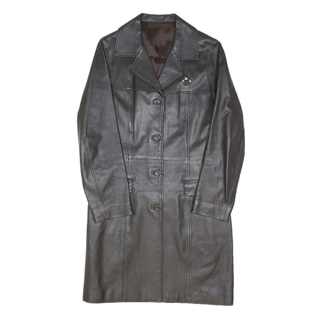DONALDSON Mens Black Leather Coach Jacket S Plain Tailored Button Closure Long