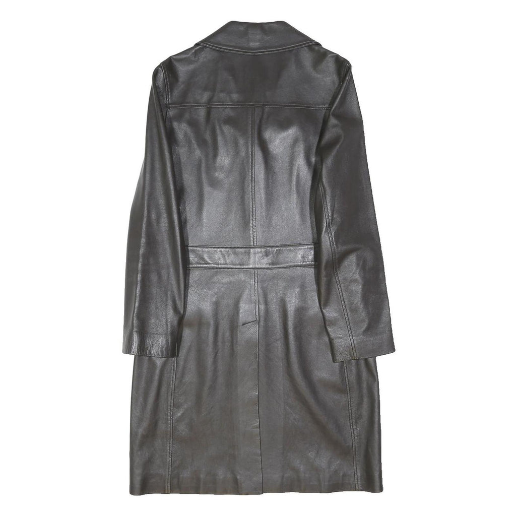 DONALDSON Mens Black Leather Coach Jacket S Plain Tailored Button Closure Long