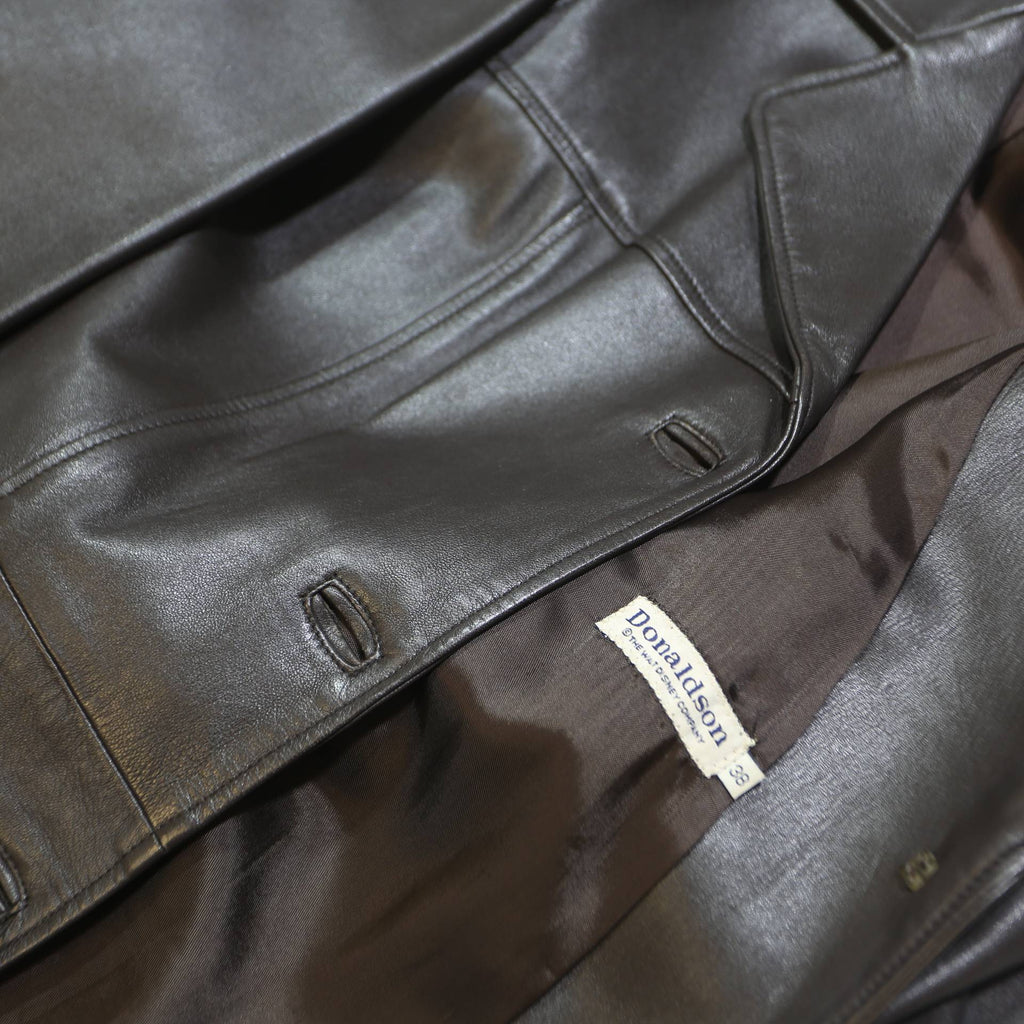 DONALDSON Mens Black Leather Coach Jacket S Plain Tailored Button Closure Long
