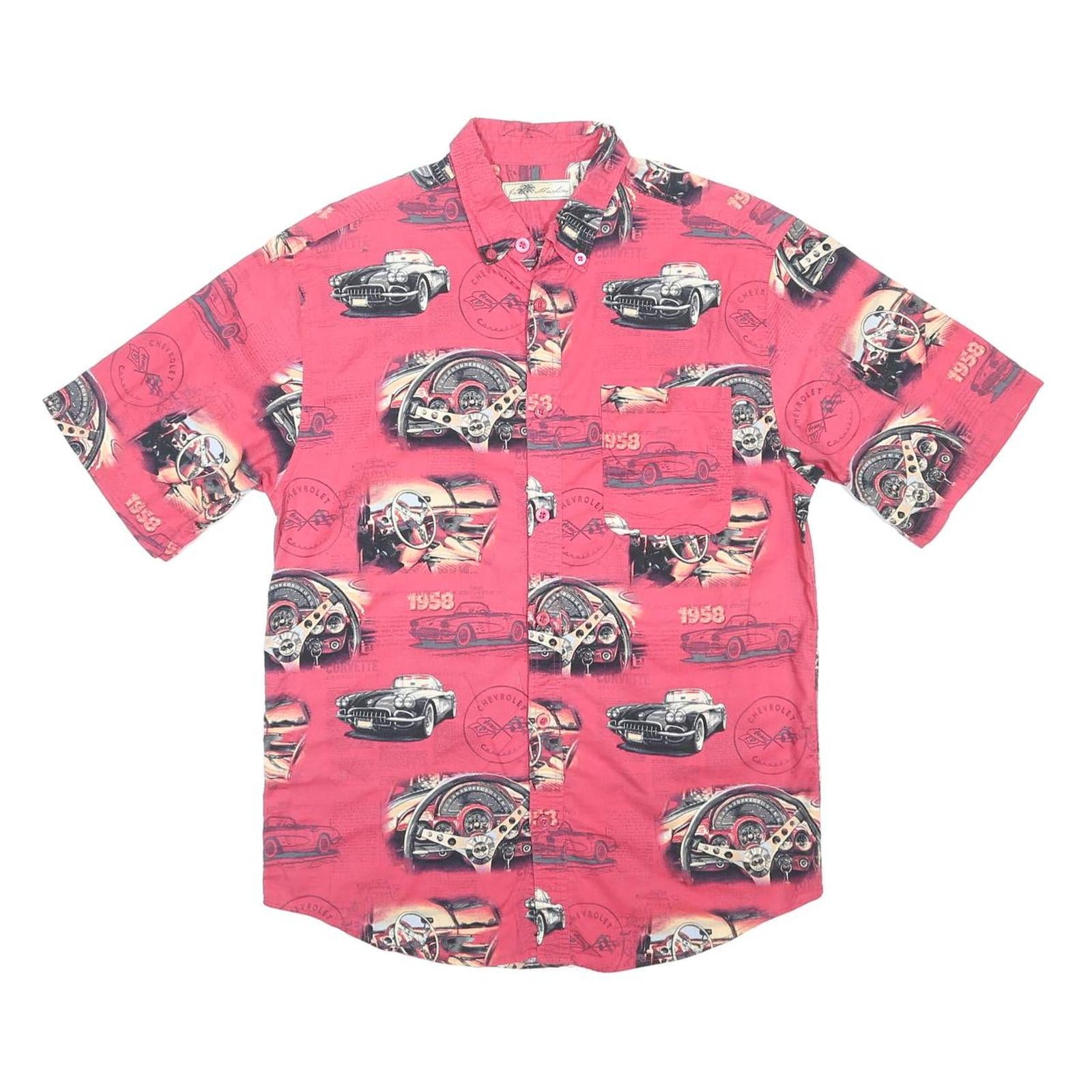 JOE MARLIN Mens Red Classic Car Print Cotton Shirt L Vintage Style Casual